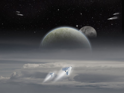 Alien Sci-fi fiction image of space craft launching on an alien planet with moons rising.