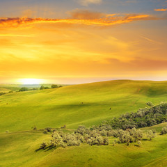 Obraz premium scenic fields, hills and sunrise