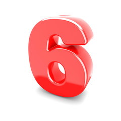 3d red metal number 6 six isolated white background