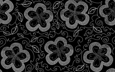 Black and white vector seamless pattern with curling flowers