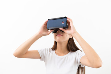 Woman looking though the VR device