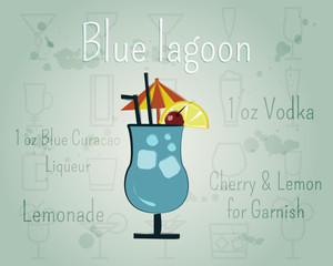 Blue Lagoon Cocktail banner and poster template with ingredients