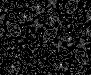 Natural vector seamless pattern with snails and butterflies