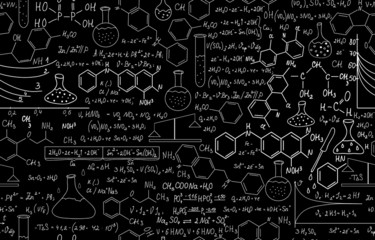 Chemistry vector seamless with plots, formulas, lab equipment - obrazy, fototapety, plakaty