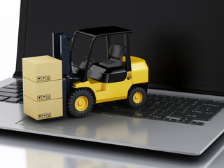  Laptop with Forklift truck. Delivering packages