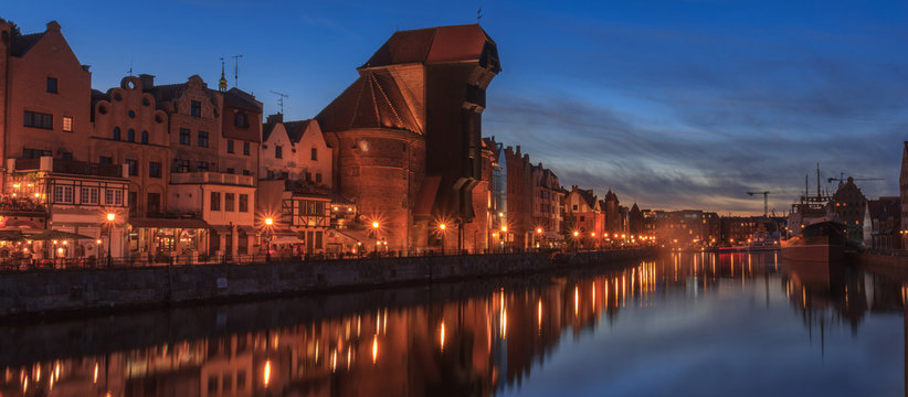 Gdańsk - Night panorama of quays Motława