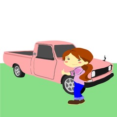 cartoon woman with retro truck