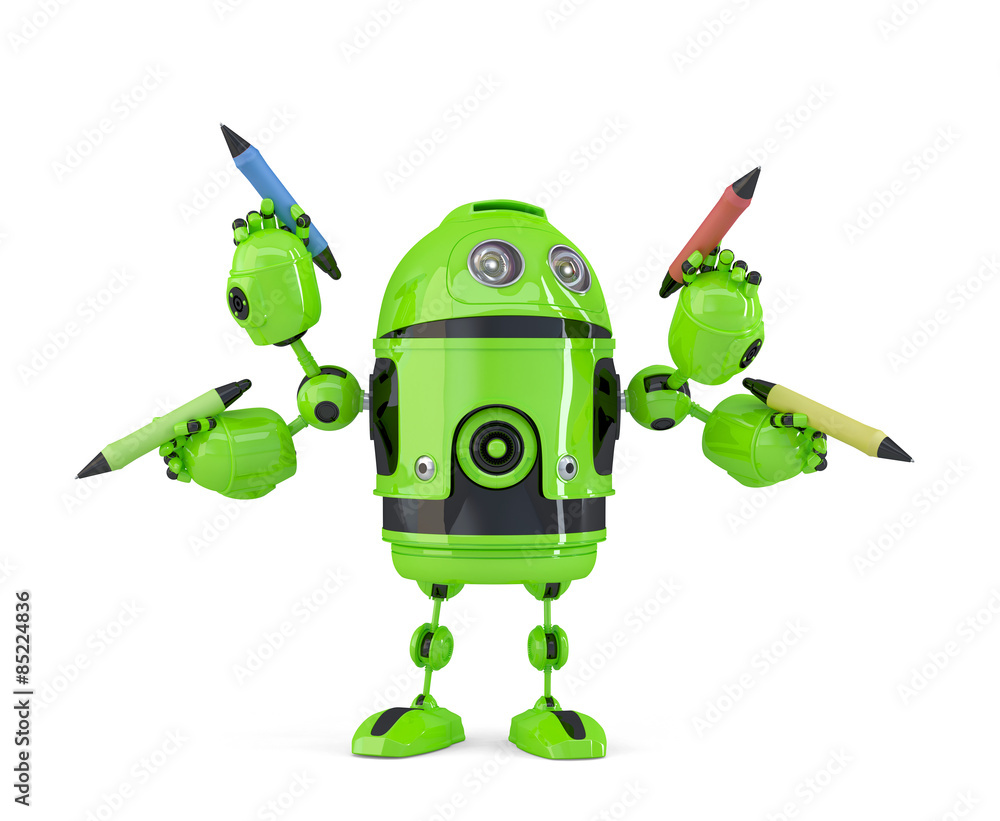 Poster four-armed 3d robot with pencils. multitasking concept. isolated. contains clipping path.