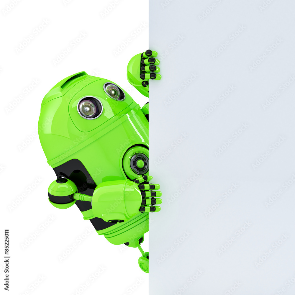 Poster robot holding a blank banner with copyspace. isolated. contains clipping path