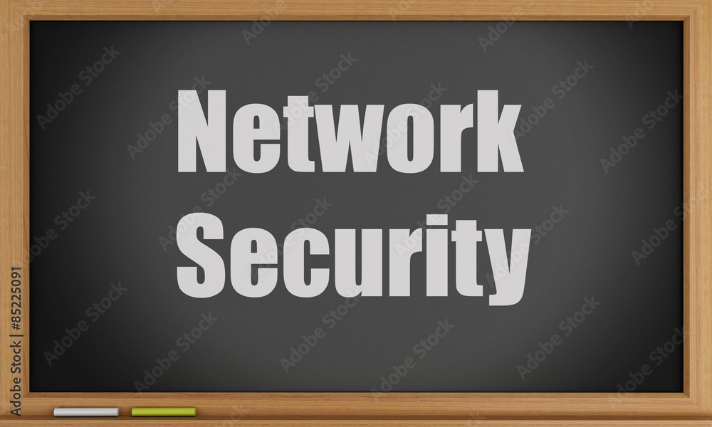 Aufkleber 3d network security text on blackboard.