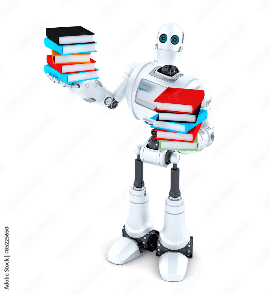 Poster robot with books. isolated. contains clipping path