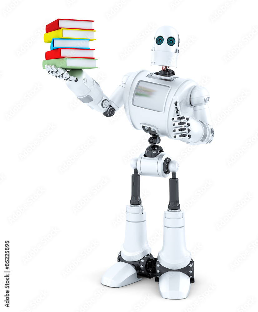 Poster robot with a pile of books. isolated. contains clipping path