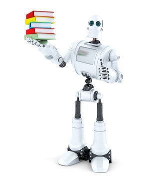 Robot with a pile of books. Isolated. Contains clipping path