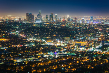 Fototapeta na wymiar View of the downtown Los Angeles skyline at night, from Griffith
