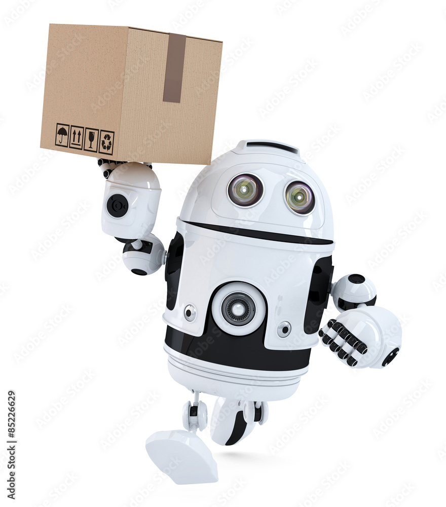 Poster robot on a hurry delivering package. isolated. contains clipping path