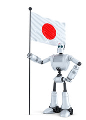 Android Robot standing with flag of Japan. Isolated. Contains clipping path