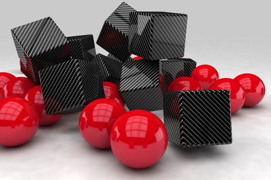 Red balls interact with black carbon cubes. 3D render image. © marinv