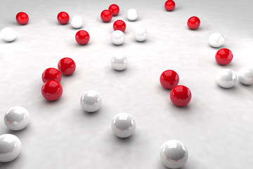 Naklejka na ściany i meble Lots of white and red balls interact. 3D render image.