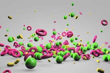 Explosion of different 3D objects in empty space. 3d render