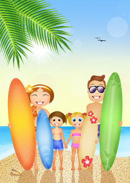 family with surf on the beach