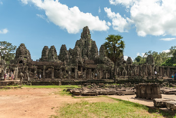 general sight of the complex of the bayon in the archaeological angkor thom place in siam reap, cambodia
