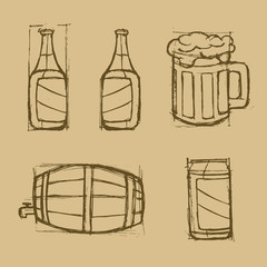 Hand drawn beer set on the brown background.