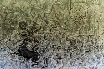 bas-reliefs representing the lanka battle in the archaeological place of angkor wat in siam reap,...