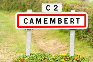 Town sign of the Camembert village, birthplace of famous cheese