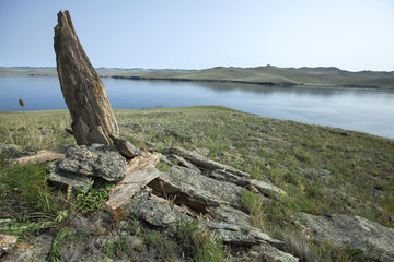 Man-made pyramid of stones and water, Baikal lake