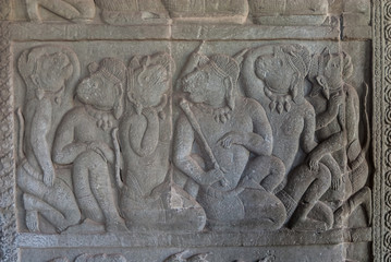 beings bas-reliefs in the shape of monkey in the archaeological place of angkor wat in siam reap, cambodia