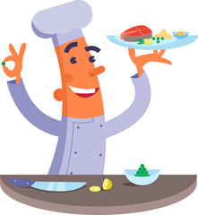 Cartoon chef holding plate with fish steak