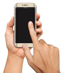 Hand hold and Touch on Curve Screen Smartphone on white backgrou