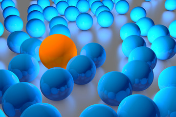 Many blue balls among which the orange stands out. 3D render