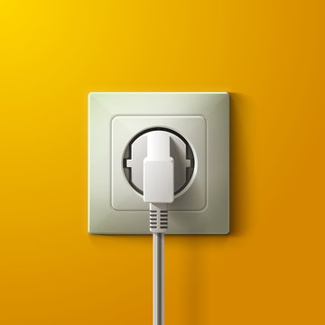 Realistic electric white socket and plug on yellow wall backgrou