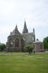 Fototapeta na wymiar Falkenberg church built in neo-Gothic style with rosary windows, in 1892, Falkenberg, Sweden.