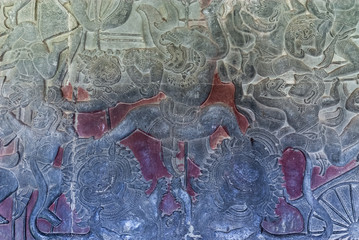 bas-reliefs representing the kurukshetra battle in the archaeological place of angkor wat in siam reap, cambodia
