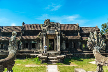 one of the libraries of the archaeological place of angkor wat in siam reap, cambodia - obrazy, fototapety, plakaty