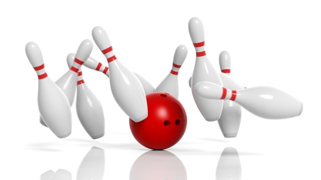 Bowling ball and pins in motion isolated on white background