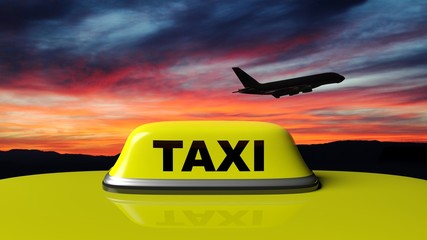 Fototapeta na wymiar Yellow taxi car roof sign with sunset sky and airplane black silhouette