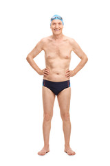 Fototapeta premium Senior in black swim trunks and blue swimming cap