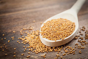 Mustard seeds on wooden spoon