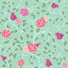 Vector green seamless pattern with pink roses and branches
