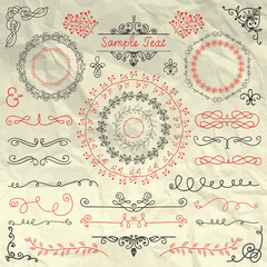 Pen Drawing Doodle Design Elements on Crumpled Paper