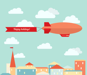Airship in the cloudy sky, flying over the city. Flat vector ill
