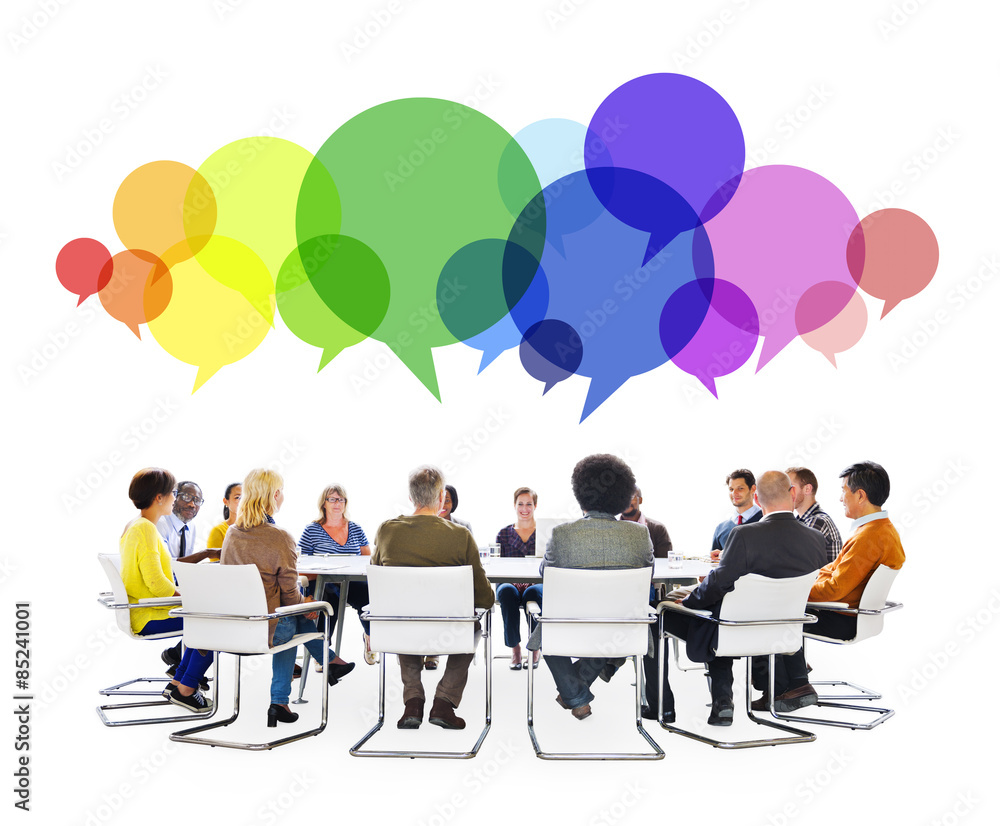 Wall mural multiethnic people in a meeting with speech bubbles - Wall murals