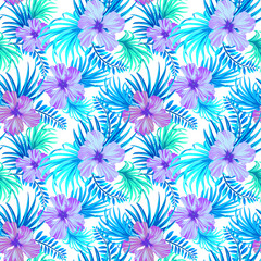seamless tropical floral pattern. hibiscus and palm leaves on white background. classical aloha motifs in a juicy colorful pattern design in turquoise tints.