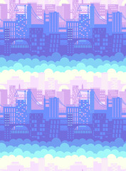 seamless urban pattern. City line, skyscrapers, bridges, sky and clouds at dawn. Sunrise at a busy modern city. 