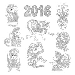 set of line art authentic decorative monkey - chinese zodiac sym
