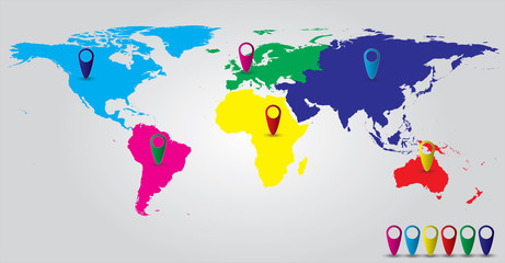 Fototapeta na wymiar World Map Color with Pins
