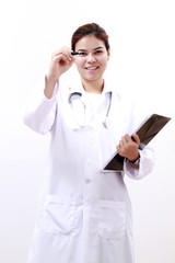 Smiling medical doctor woman asia with stethoscope and clipboard,on white background